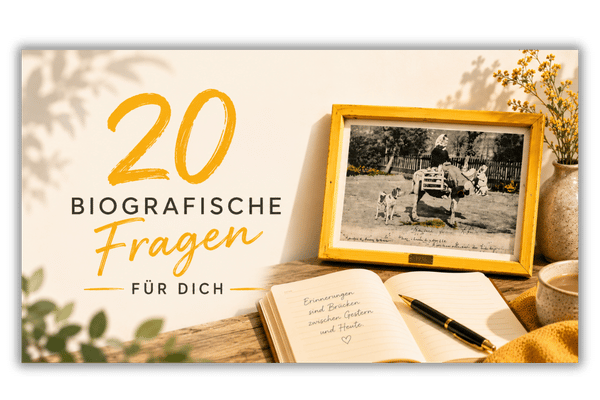 Das Bild trägt den Titel 20 biografische Fragen für dich. Vorne liegt ein handgeschriebenes Notizbuch mit handschriftlichem Text, im Hintergrund steht ein Bild mit gelbem Rahmen, das eine alte Fotografie zeigt.